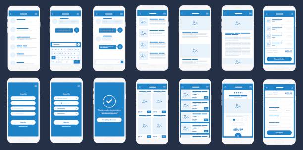 Mobile App Wireframe Ui Kit. Detailed wireframe for quick prototyping Mobile App Wireframe UI Kit. Detailed wire frame for quick prototyping. Set of mobile concept screens design mock-up. Big Vector set of mobile screens. phone text message mockup stock illustrations