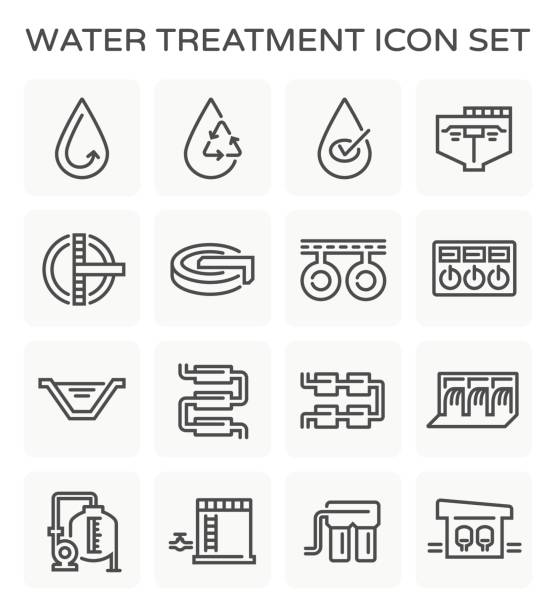 water treatment icon Vector line icon of water treatment plant and water filter. reservoir stock illustrations