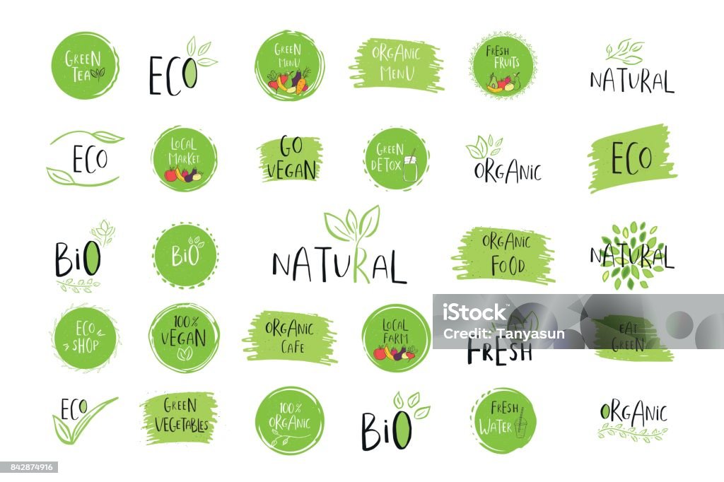 Collection of vector eco, bio green  or sign. Organic design Collection of vector eco, bio green  or sign. Vegan, raw, healthy food badge, tag for cafe, restaurants, products packaging. Hand drawn leaves, branches with lettering. Organic design. Environmental Conservation stock vector