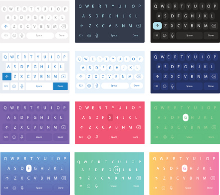 Set of vector QWERTY mobile keyboards for smart phone designs. Set of vector keyboards for the user interface to write text and messages on a mobile screen. Chat buttons to type.