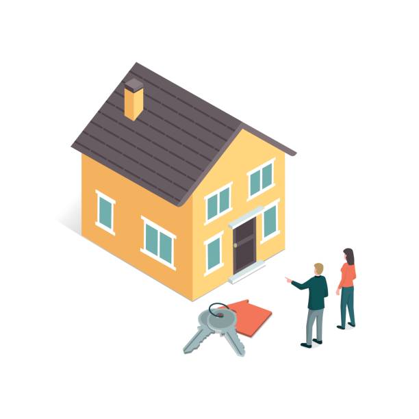 Real estate Real estate agent selling a dream house to a female customer, house keys on the foreground insurer stock illustrations