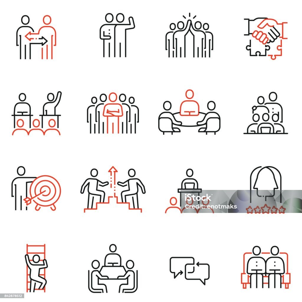 Conjunto de vector 16 lineal de iconos de calidad relacionados con el trabajo en equipo, recursos humanos, interacción de negocios. Diseñan de infografías y pictogramas de línea mono elementos - parte 2 - arte vectorial de Ícono libre de derechos