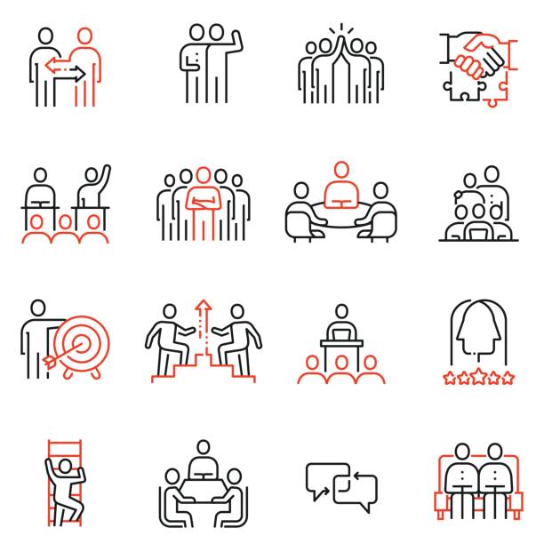 zestaw wektorów 16 liniowych ikon jakości związanych z pracą zespołową, zasobami ludzkimi, interakcją biznesową. piktogramy monoliniowe i elementy projektowe infografiki - część 2 - shareholder stock illustrations