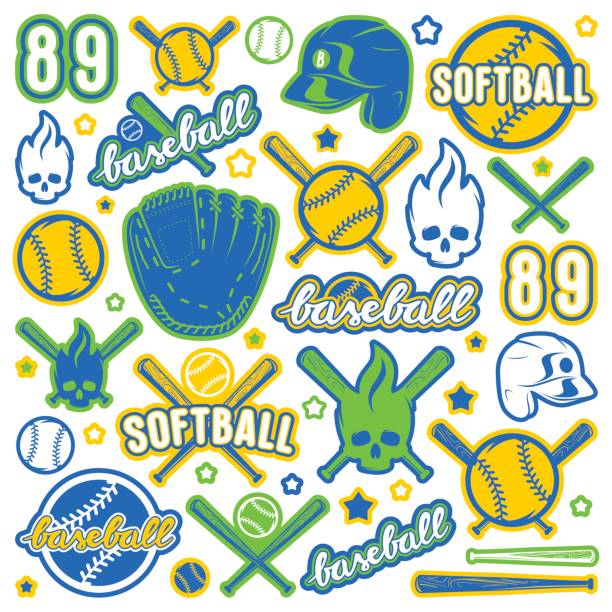 symbol und abzeichen set baseball und softball equipment - skull baseball ball stock-grafiken, -clipart, -cartoons und -symbole