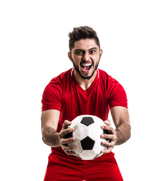 istock Fan / Sport Player on red uniform celebrating on white background 842882146