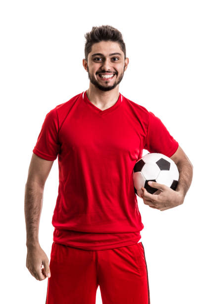 ventilador / sport player no uniforme vermelho comemorando em fundo branco - red white american football stadium soccer stadium - fotografias e filmes do acervo