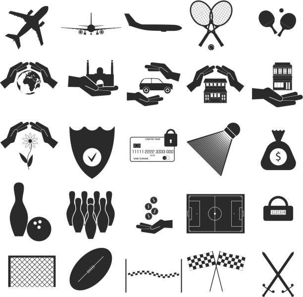 Airplane, sport, protection set Vector black icon on white Airplane, sport, protection set Vector black icon on white background gateway arch st louis stock illustrations