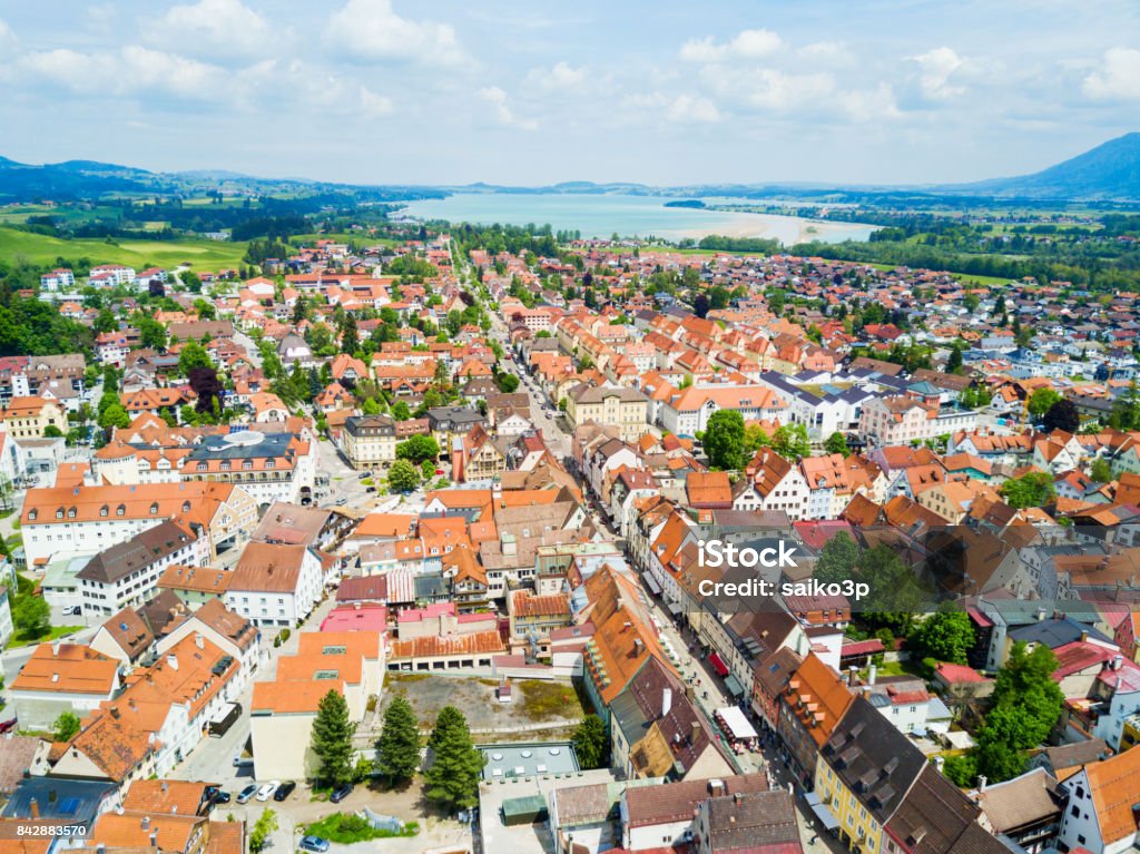 Fussen town aerial view Fussen old town aerial panoramic view. Fussen is a small town in Bavaria, Germany. Augsburg Stock Photo