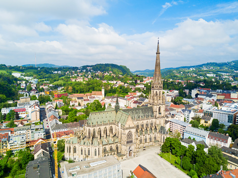 New Cathedral or Cathedral of the Immaculate Conception or St. Mary Church aerial panoramic view. It is a Roman Catholic cathedral located in Linz, Austria.