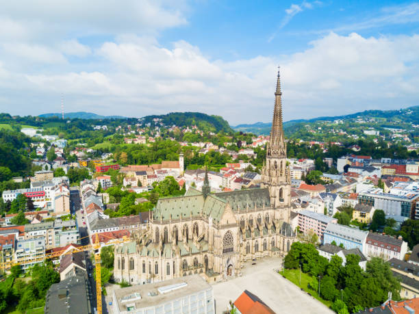 Linz New Cathedral, Austria New Cathedral or Cathedral of the Immaculate Conception or St. Mary Church aerial panoramic view. It is a Roman Catholic cathedral located in Linz, Austria. linz austria stock pictures, royalty-free photos & images