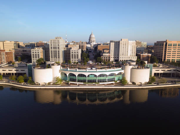 Madison, Wisconsin Downtown Madison, Wisconsin aerial view of the Wisconsin State Capitol building and Monona Terrace. wisconsin state capitol photos stock pictures, royalty-free photos & images
