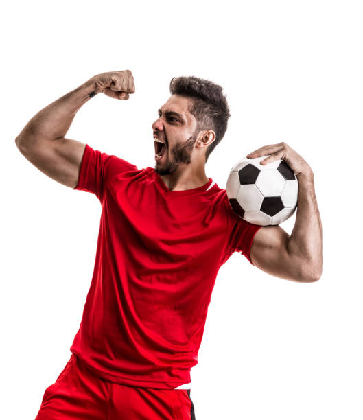 istock Fan / Sport Player on red uniform celebrating on white background 842886998