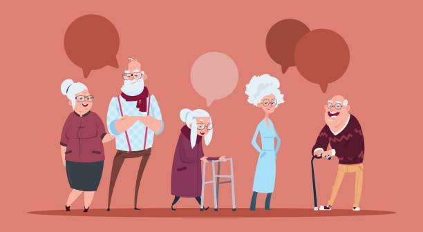 illustrazioni stock, clip art, cartoni animati e icone di tendenza di gruppo di anziani con chat bolla a piedi con bastone nonno moderno e nonna a figura intera - senior adult senior couple grandparent retirement