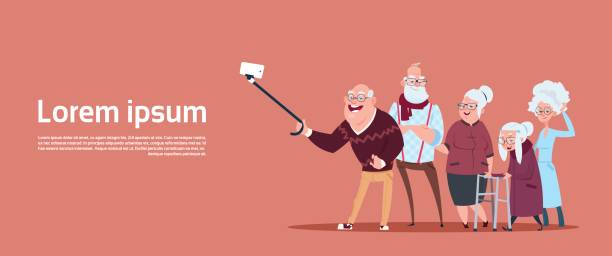 illustrations, cliparts, dessins animés et icônes de groupe de personnes aînées prenant selfie photo avec grand-mère et grand-père moderne auto stick - vieillir illustrations