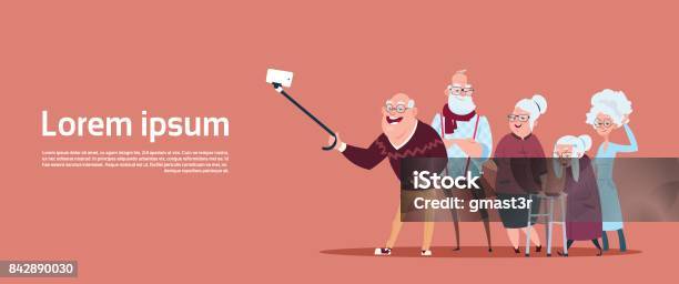 Group Of Senior People Taking Selfie Photo With Self Stick Modern Grandfather And Grandmother Stock Illustration - Download Image Now