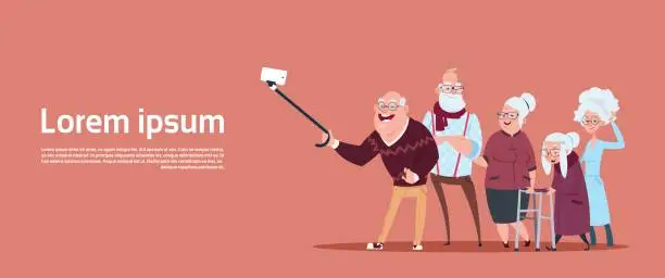 Vector illustration of Group Of Senior People Taking Selfie Photo With Self Stick Modern Grandfather And Grandmother