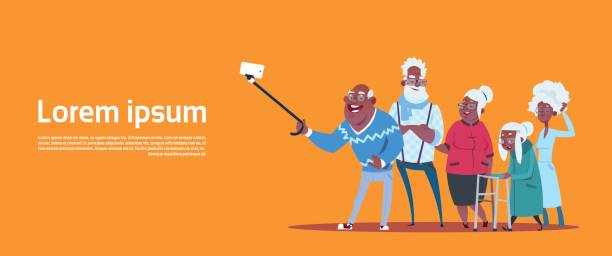 Group Of Senior People Taking Selfie Photo With Self Stick Modern African American Grandfather And Grandmother Group Of Senior People Taking Selfie Photo With Self Stick Modern African American Grandfather And Grandmother Flat Vector Illustration pics of the black granny stock illustrations