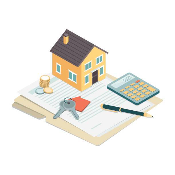 Real estate Model house, house keys and contract: real estate, loans and investments concept financial loan illustrations stock illustrations