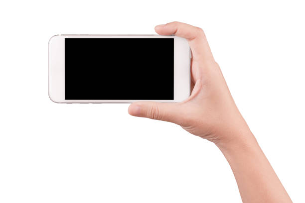 istock Isolated female hand holding a cellphone and black screen 842897736