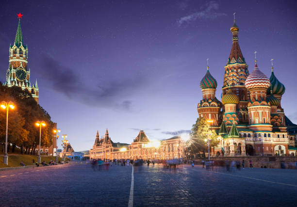 Panorama of Red Square in Moscow by night, Russia Panorama of Red Square in Moscow by night, Russia kremlin stock pictures, royalty-free photos & images
