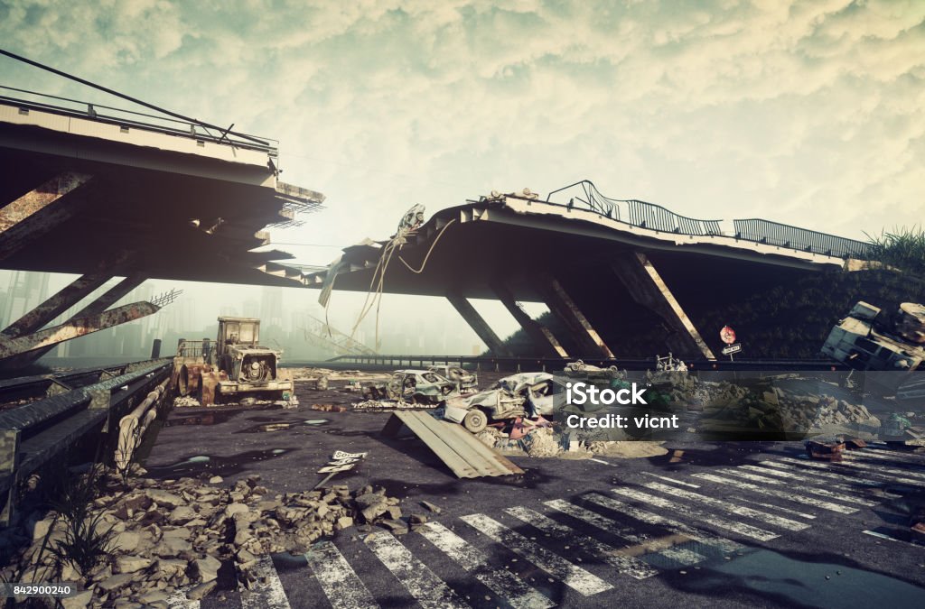 Apocalyptic landscape Ruins of a city highway. Apocalyptic landscape.3d illustration concept City Stock Photo