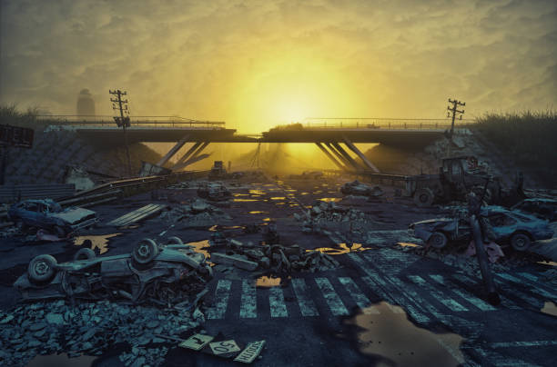 Ruins of a city highway Ruins of a city highway. Apocalyptic landscape.3d illustration concept; apocalypse stock pictures, royalty-free photos & images