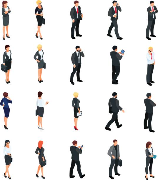 Set of isometric businessmen isolated on white background. Set of isometric businessmen isolated on white background. Set of 3d businessmen and business women, front and back view. Isometric people in business suits in different poses. Vector illustration. sporting level stock illustrations