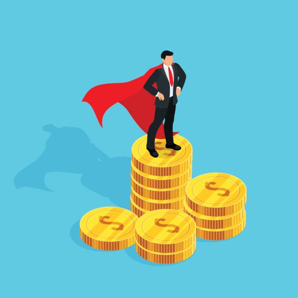 Isometric businessman standing on a stack of money. Isometric businessman standing on a stack of money. 3d businessman in the cloak of a superhero stands on a pile of gold coins. Earnings growth concept. Vector illustration. super money stock illustrations