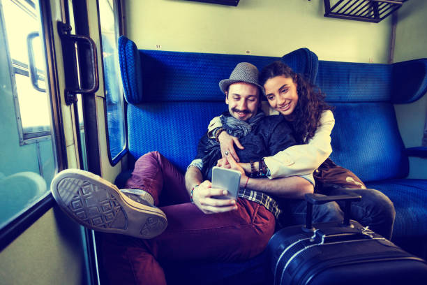 istock Couple traveling with train, taking selfie 842914690