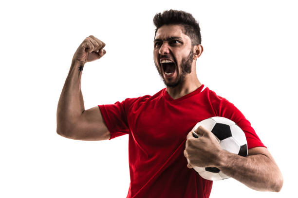 istock Fan / Sport Player on red uniform celebrating on white background 842918568