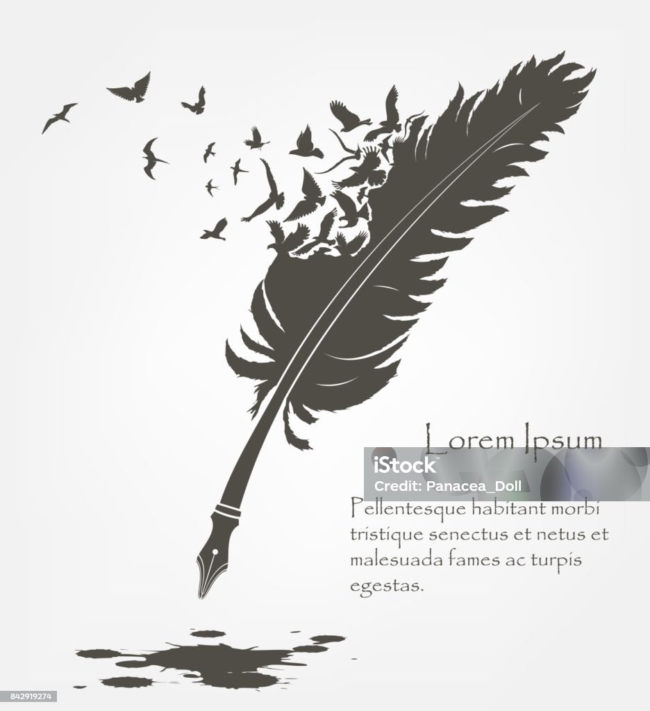 writing old feather with flying birds and ink Literature stock vector