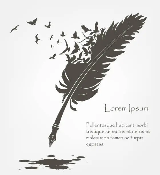 Vector illustration of writing old feather with flying birds and ink