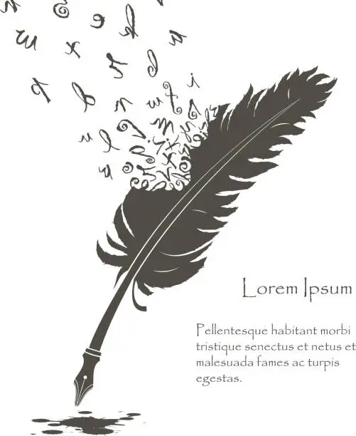 Vector illustration of writing old feather with flying letters of alphabet and ink stain