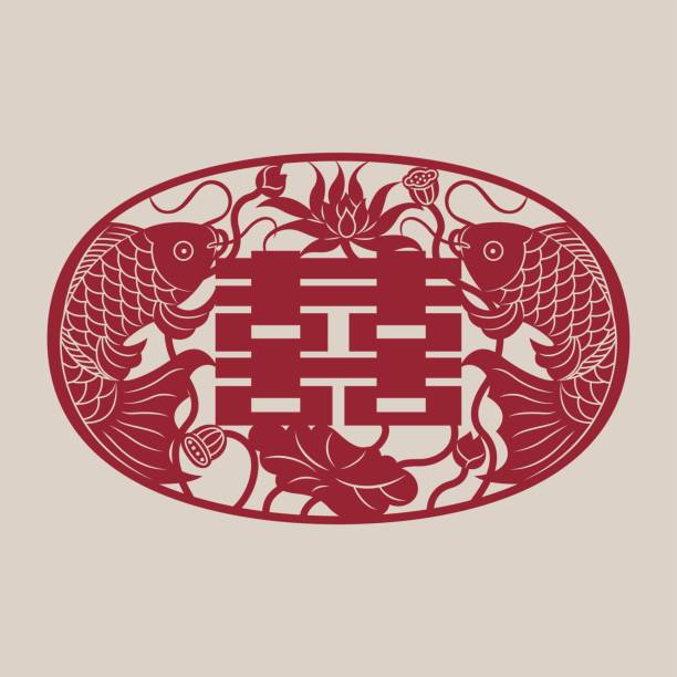 podwójne szczęście (chińska tradycyjna sztuka papierowa)-9 - symmetry happiness symbol wedding stock illustrations