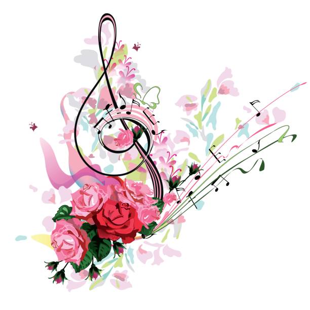 illustrations, cliparts, dessins animés et icônes de abstrait treble clef décorée de fleurs roses et éclaboussures. - water floral