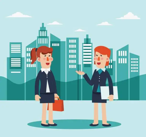 Vector illustration of Two business women talking and discussing in a city street
