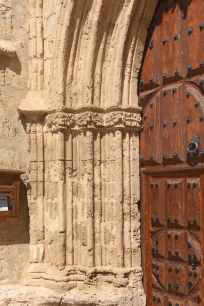 close up of portico of church of san miguel in ampudia, spain - palencia province imagens e fotografias de stock