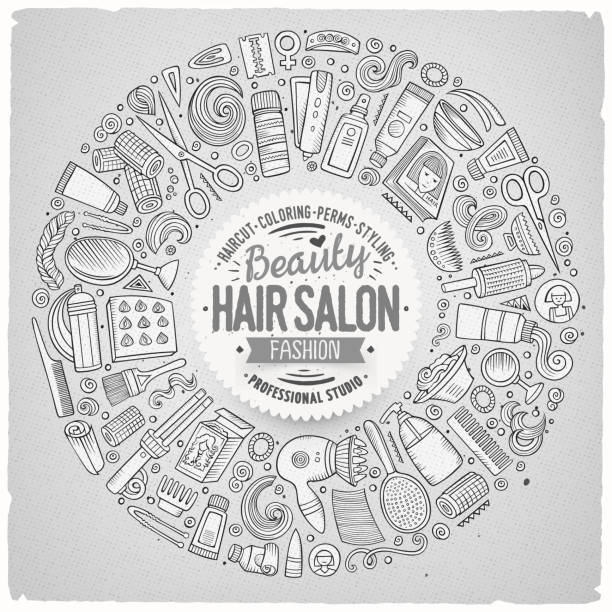 ilustraciones, imágenes clip art, dibujos animados e iconos de stock de conjunto de vector de pelo salón de la historieta doodle objetos - computer icon symbol hair gel hair salon