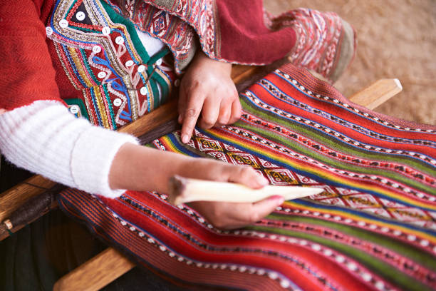 Hands of peruvian woman making alpaca wool