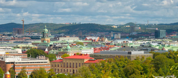 Gothenburg, Sweden. Bell tower of the Gothenburg cathedral is showing to the left over the rooftops.