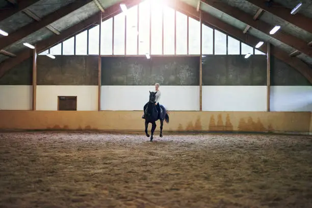 Photo of Blond�woman riding a brown horse