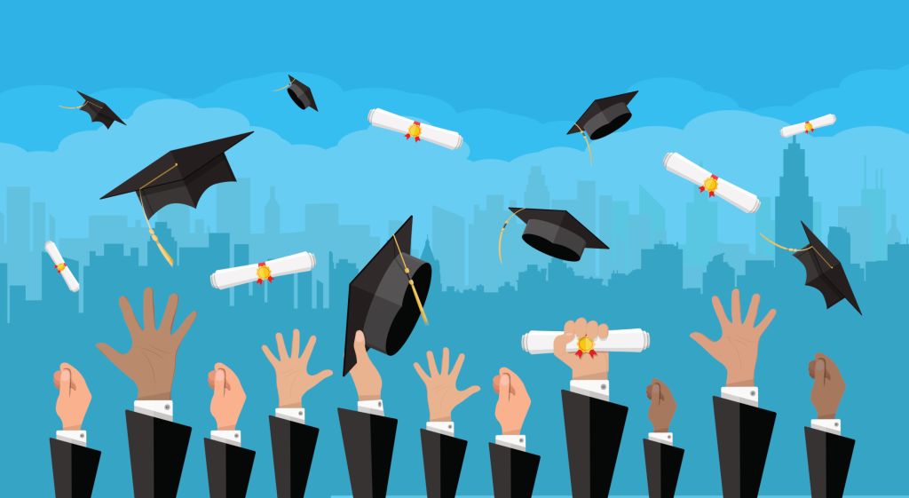Hands of graduates throwing graduation hats and diplomas in the air. Concept of education. College or university ceremony. Cityscape urban panorama. Vector illustration in flat style
