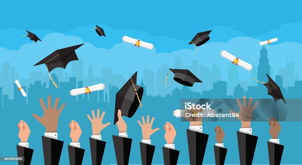 Concept of education. College, university ceremony Hands of graduates throwing graduation hats and diplomas in the air. Concept of education. College or university ceremony. Cityscape urban panorama. Vector illustration in flat style Graduation stock vector