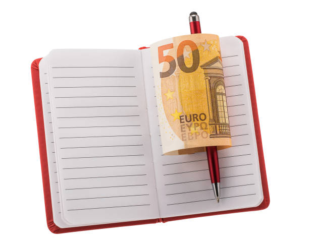 istock Open blank notebook with ballpoint pen and rolled euro banknote 842941366
