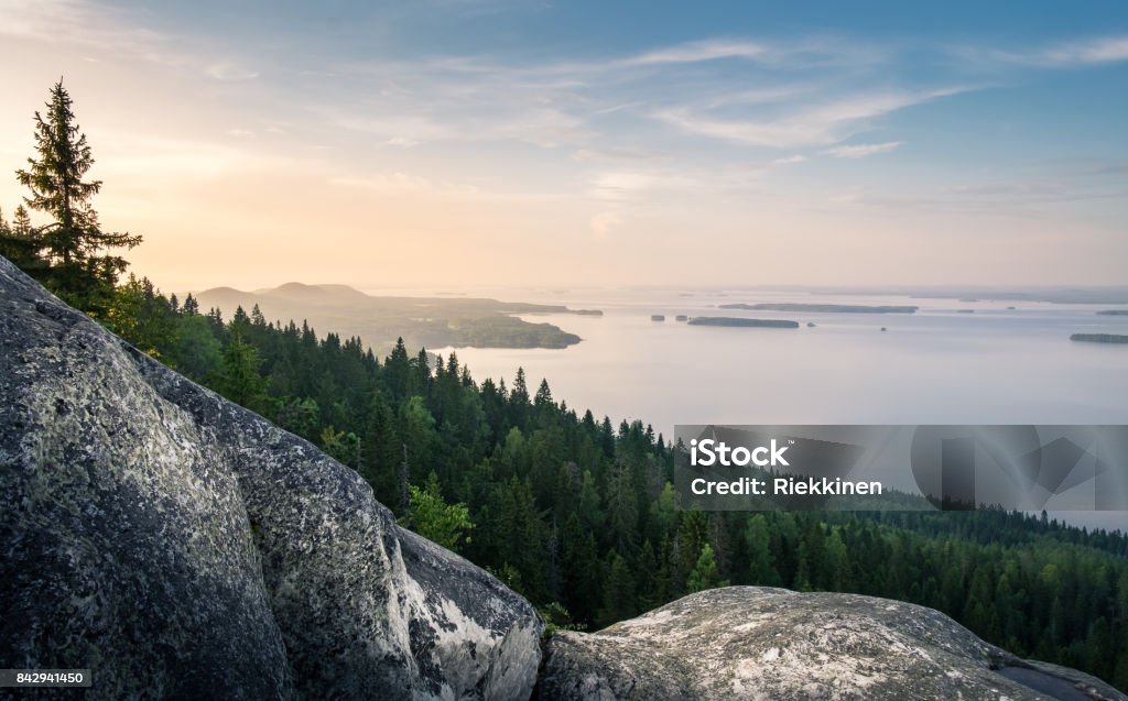 Scenic landscape with lake and sunset at evening in Koli, national park. Finland Stock Photo