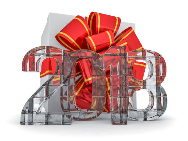 istock Gift box present with ribbon bow and With ice figures 2018. 3D rendering 842949962