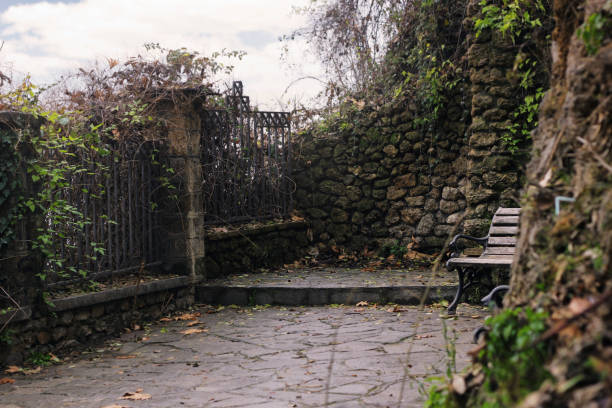 istock Wooden bench in a stone-built park at autumn 842950010