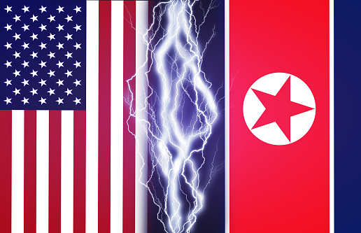 Lightnings effect between flags of USA and North Korea. Concept of conflict between two nations, Washington and Pyongyang.