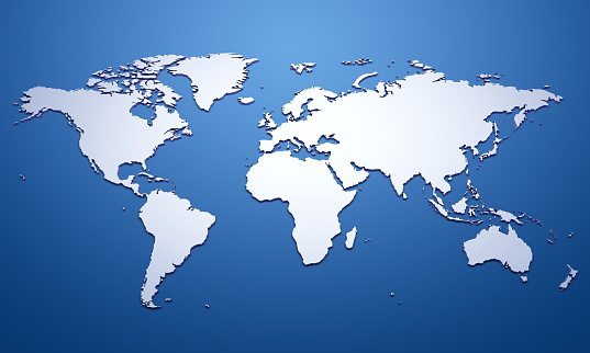 Blank world map with raised edges on a blue background