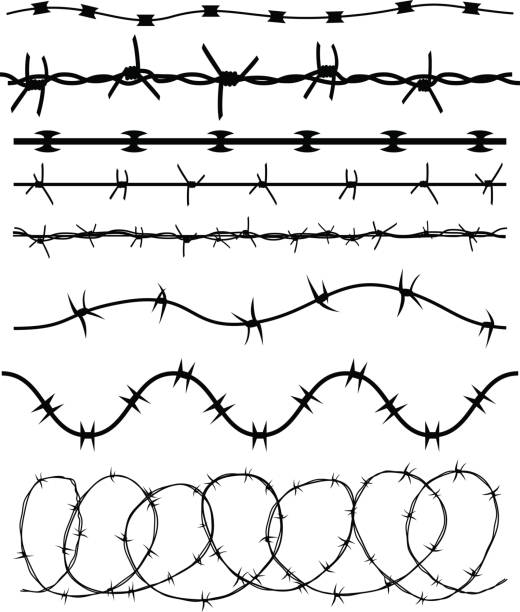 stacheldraht, die schwarze linie satz - barbed wire wire war prison stock-grafiken, -clipart, -cartoons und -symbole